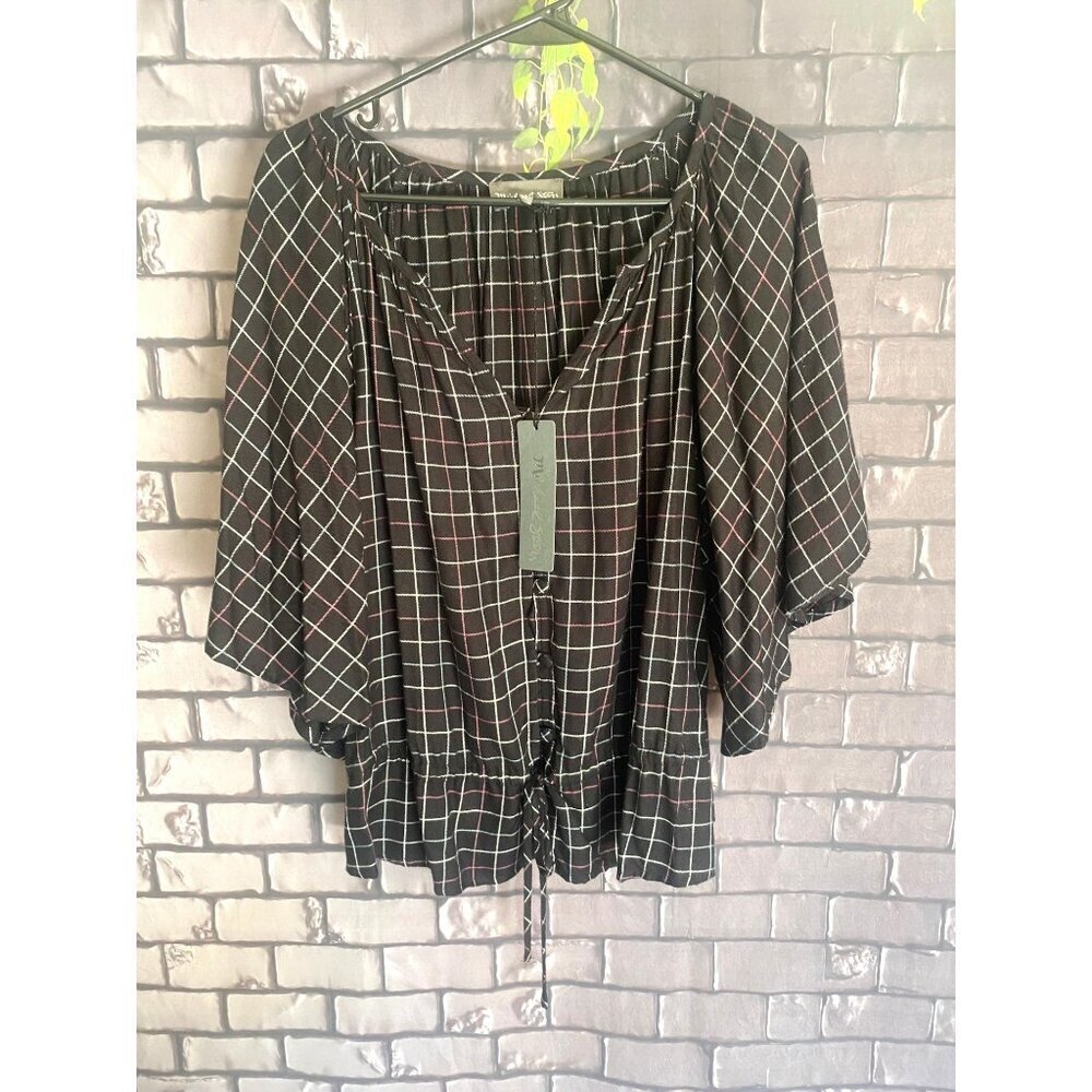 NWT Michael Stars Boho Flutter Sleeve Black, Cream, Brown Plaid Flannel Oversize